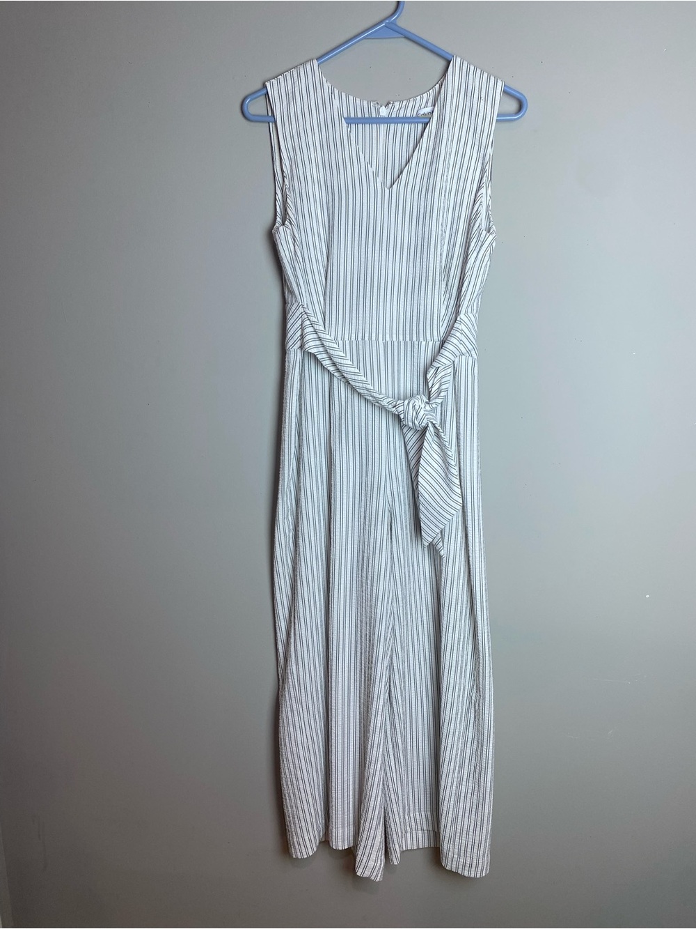 Striped White and Gray Sleeveless Tie-Waist jumpsuit